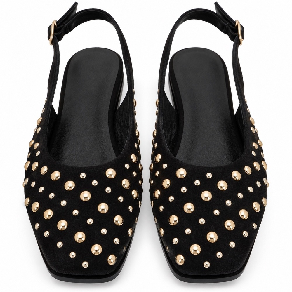 Black Gold Studded Slingback Flats Square Toe Ballet EU 40 / Approx US 9-9.5